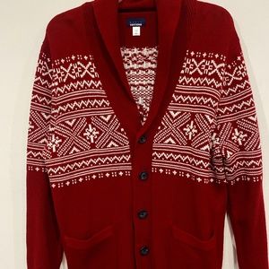 Basic Editions Men's Cardigan Sweater Red White Holiday Nordic Rolled